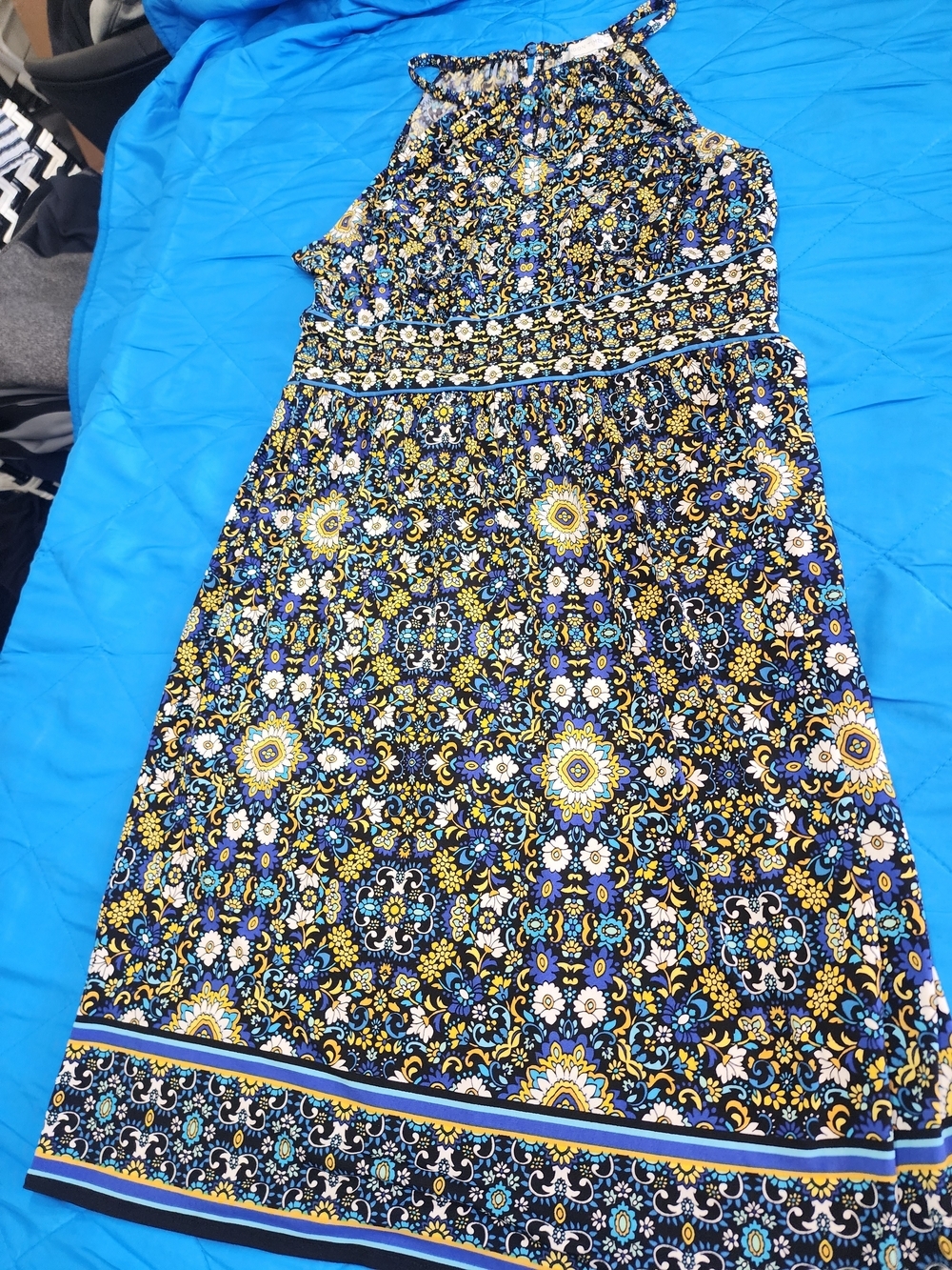 London Times Black, Blue and Yellow Halter Maxi Dress